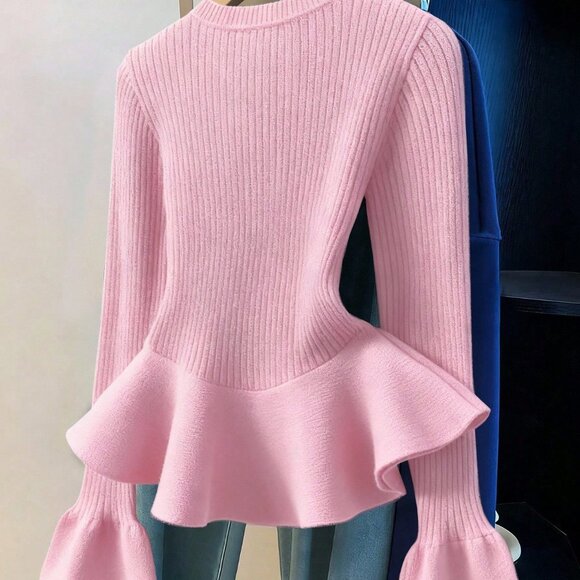 Pink Women's Elegant Peplum Hem Ribbed Knit Sweater, Minimalist - Picture 2 of 4